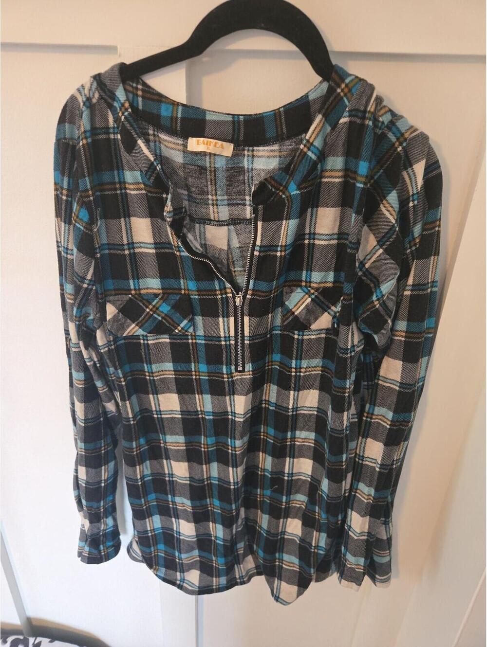 Baikea Women's XL Blue Plaid Zipper V-Neck Tunic Blouse